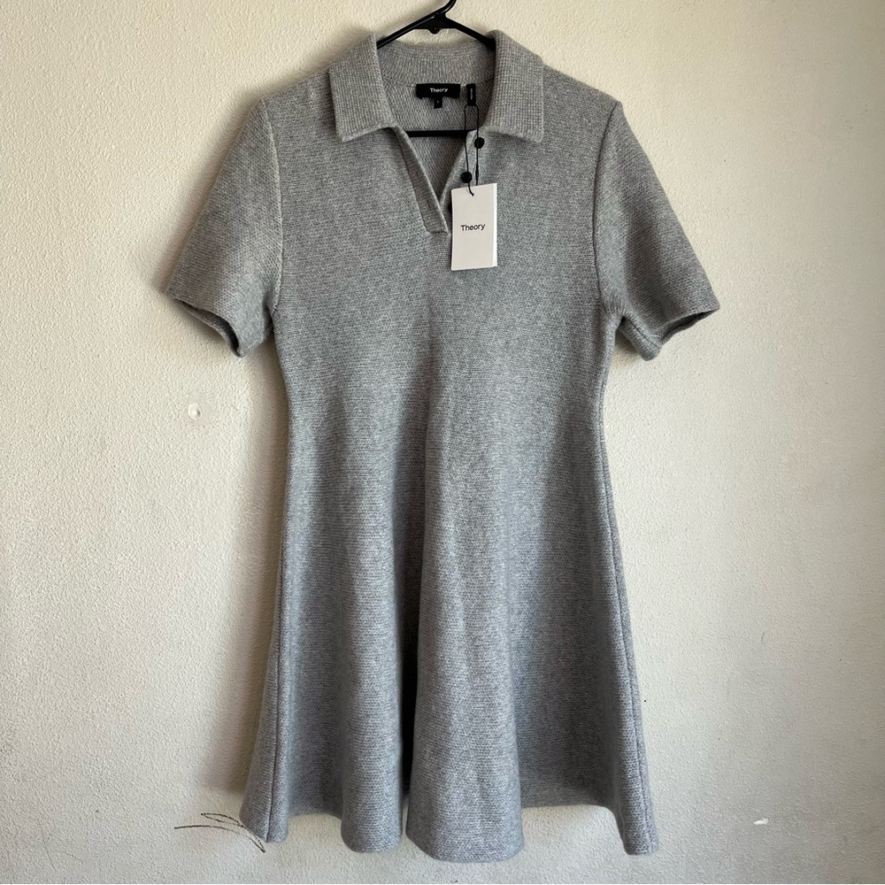 Theory Womens Large Babydoll Polo Dress Grey Felted Wool Cashmere Knit